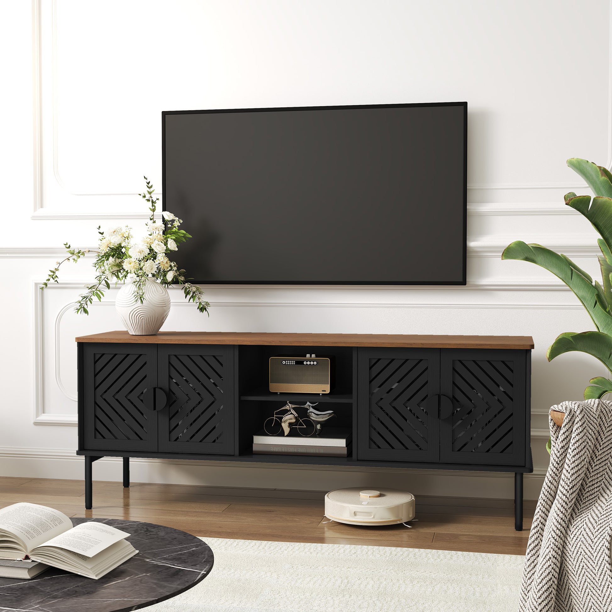 HLR Mid Century Modern 63" TV Stand for 75 inch TV with Storage, Entertainment Center for Living Room, Black