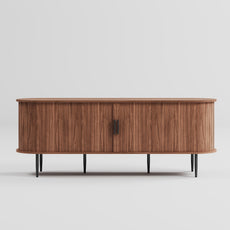 HLR 55" Brown TV Stand for 65" TV, Wood Entertainment Center with 2 Sliding Tambour Doors Storage, Mid-Century