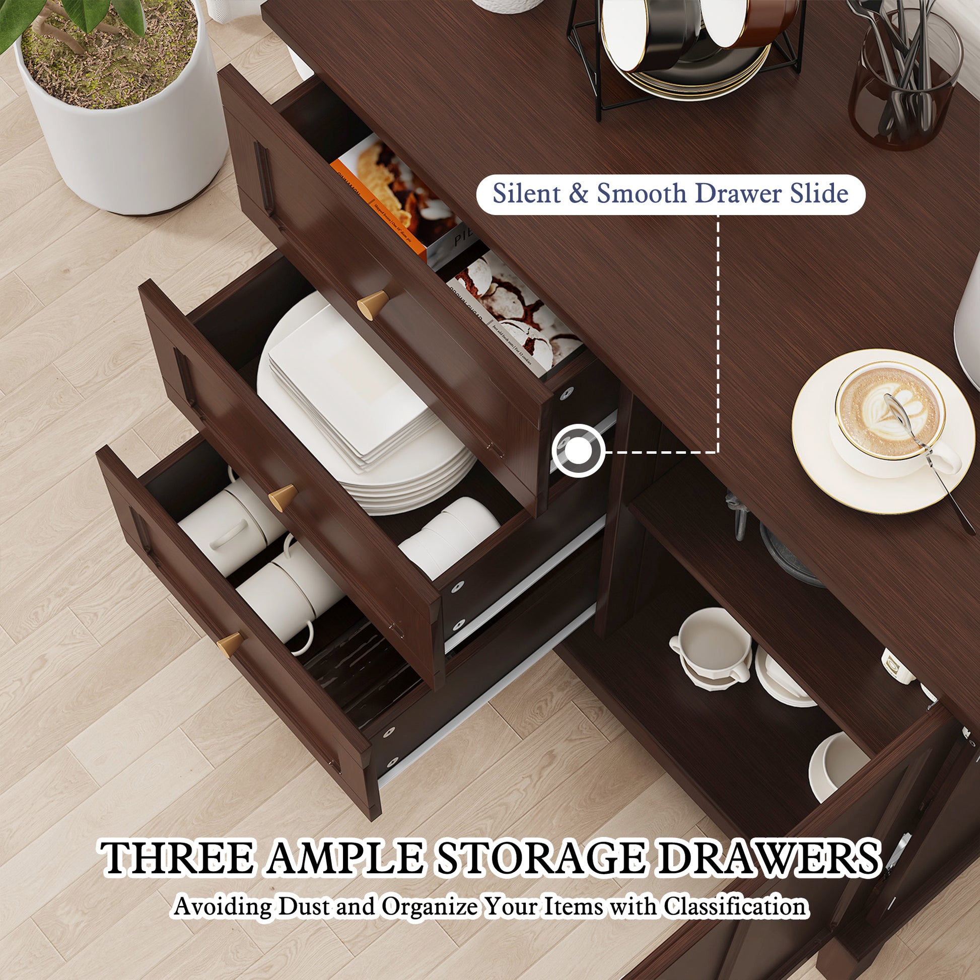 HLR Modern 32"W Accent Cabinet 3 Drawers & Door, Wood Sideboard with Storage for Living Room, Brown