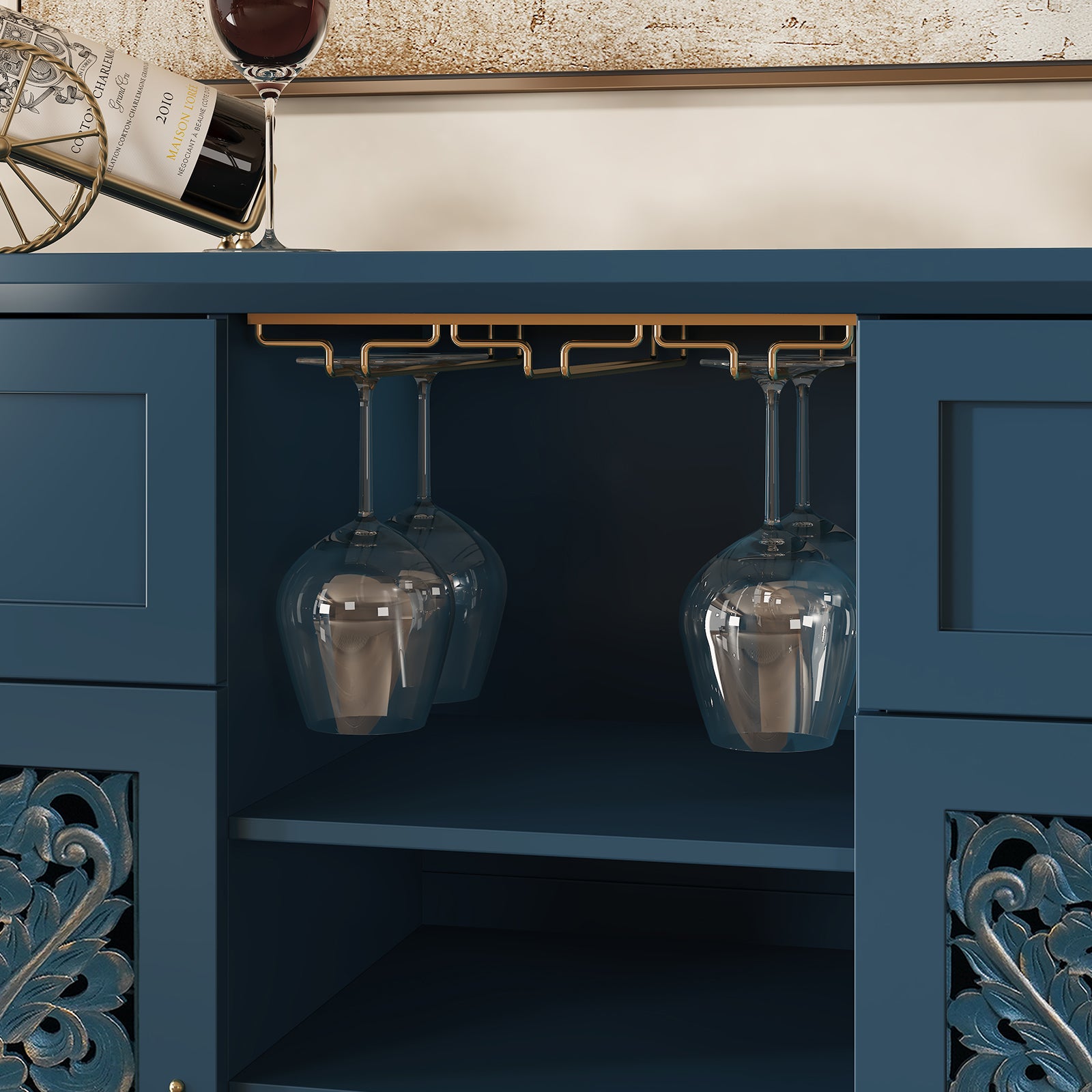 HLR 47.2" Wine Bar Cabinet, Retro Sideboard Buffet Coffee Bar with Storage for Living Room, Blue