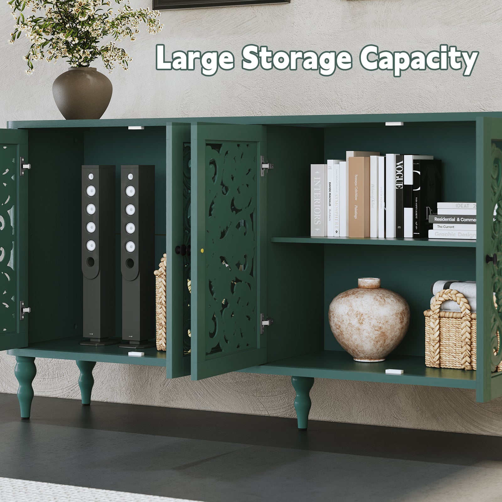 CBJCBJ 63" Retro Arc Carved Sideboard Buffet Cabinet, Wooden Credenza Storage for Dining Room, Green