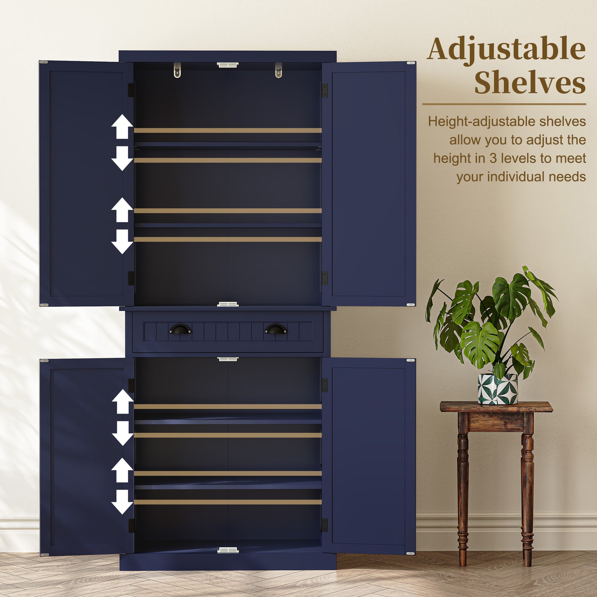 72" Tall Kitchen Pantry Cabinet with Drawer & Adjustable Shelves, Freestanding Storage Cabinet, Navy Blue