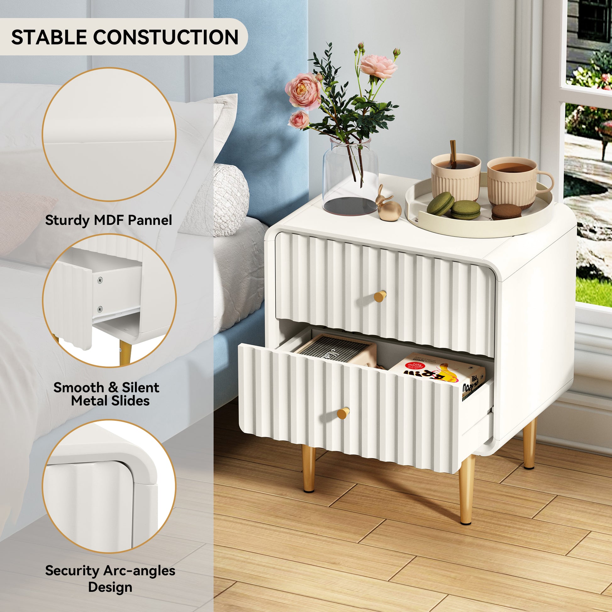 CBJCBJ Modern Bedroom Nightstand Set of 2, 20-Inch Wood Bedside Table with 2 Drawers and Gold Handles