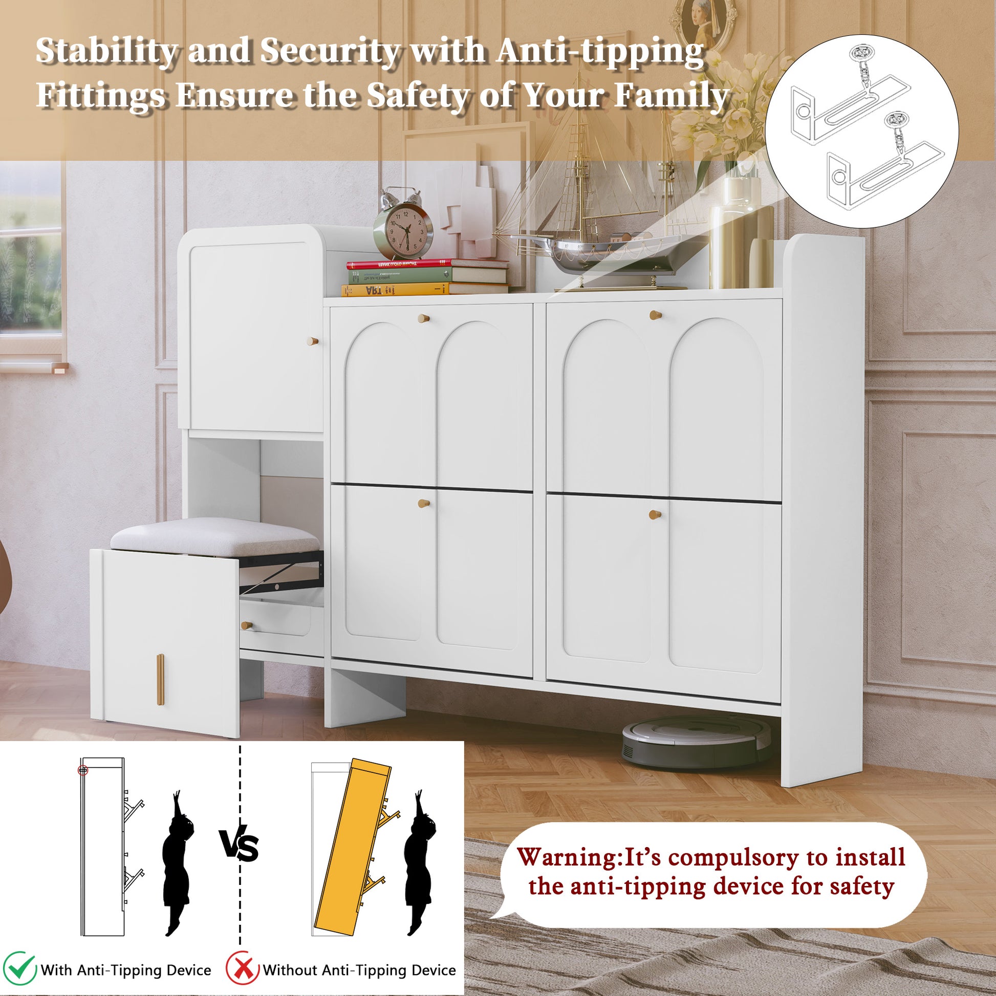 HLR® Modern Large Shoe Cabinet with 4 Flip Drawers