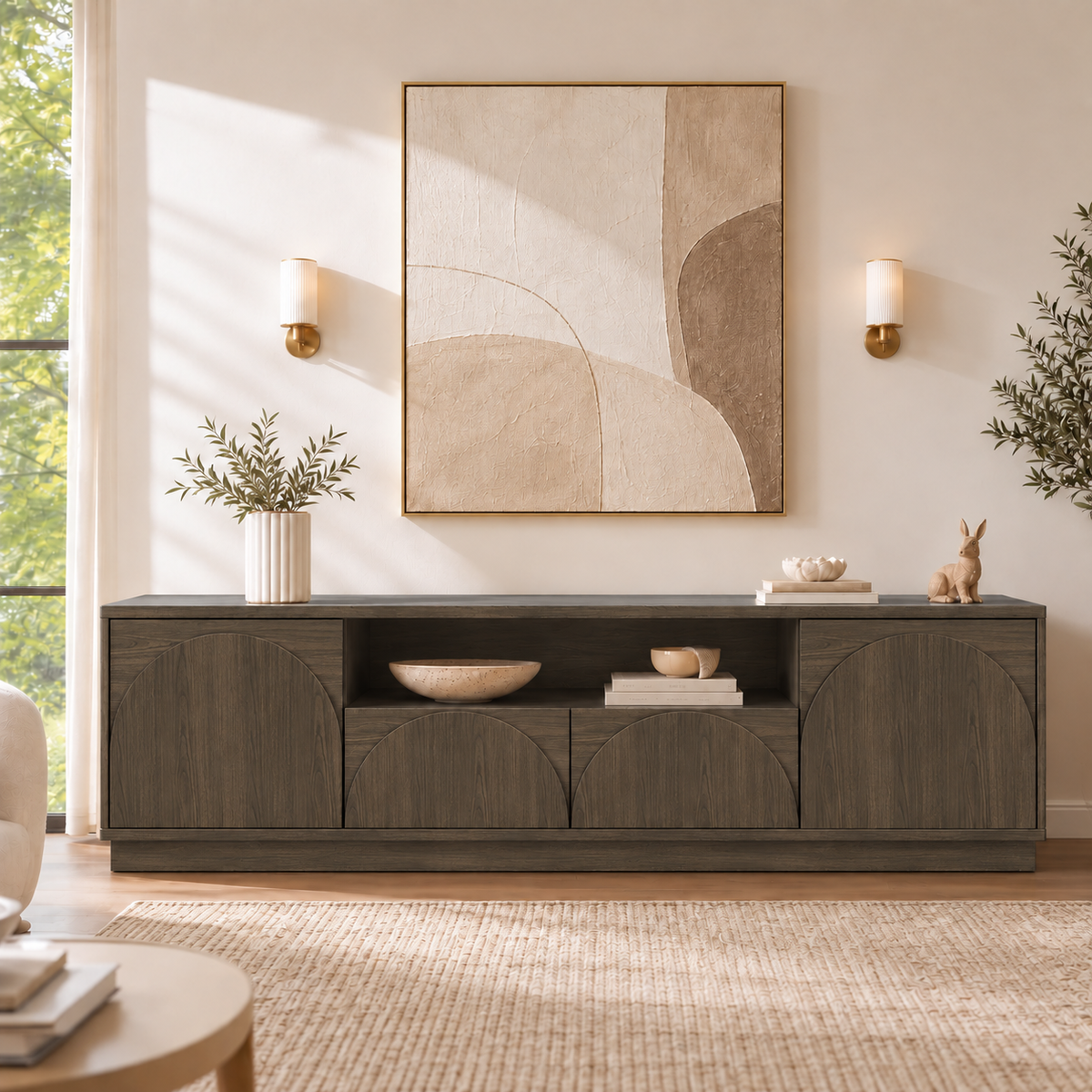 HLR Farmhouse 70" TV Stand for TVs up to 80", Entertainment Center with Storage Doors and Drawers, Gray