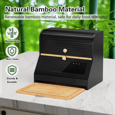CBJCBJ Natural Bamboo Bread Box with Cutting Board and Roll Top, 2-Tier Large Wood Bread Bin for Kitchen,Black