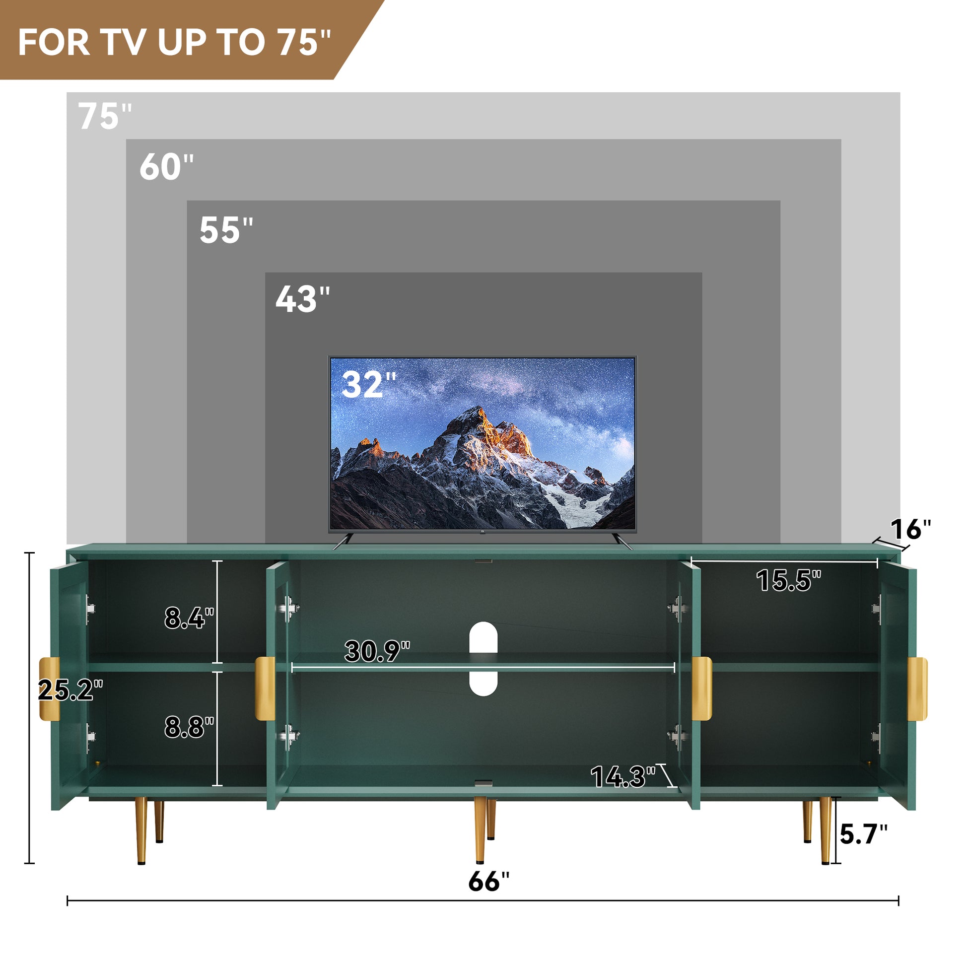 CBJCBJ 66" TV up to 75" Stand for Living Room, Entertainment Center with Glass Storage Cabinet,Green
