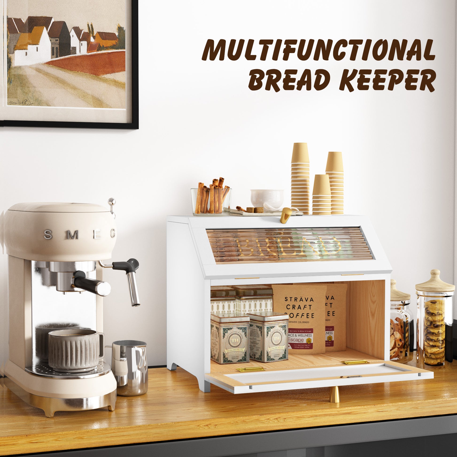 HLR Large Bread Box, Wood 2-layer Bread Box Storage for Kitchen Counter, with Bar Pattern Windows, White