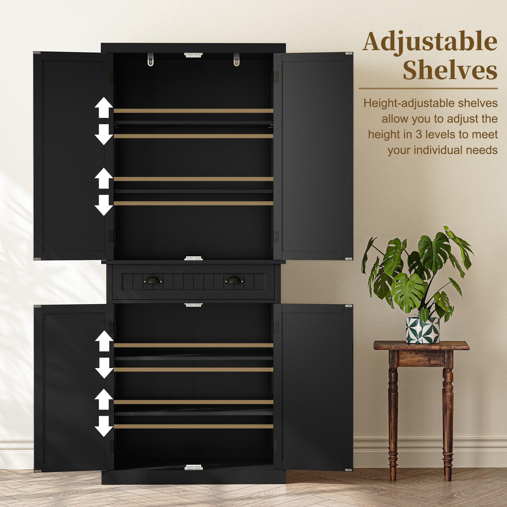 HLR Freestanding Durable Kitchen Pantry Storage Cabinet with Adjustable Shelves, Black
