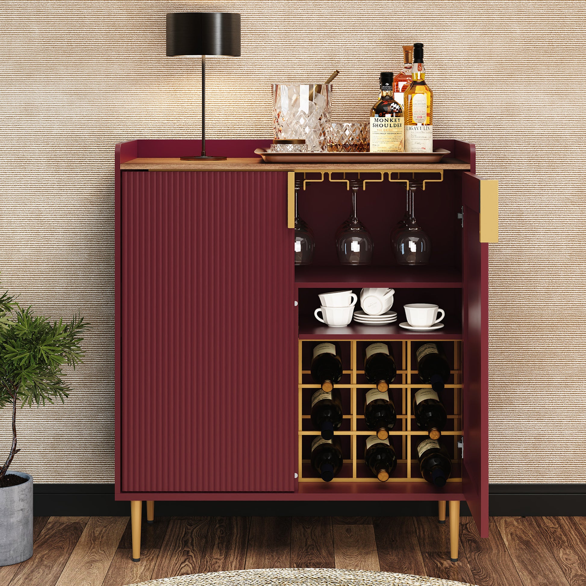 CBJCBJ Modern Wine Cabinet, Home Bar Cabinet with Storage Drawers and Wine Rack, Kitchen Sideboard,Red