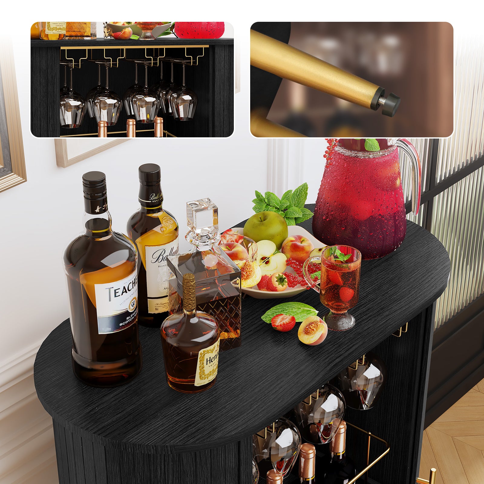 CBJCBJ Bar Cabinet with Tambour Door –Wood Liquor Cabinet 16 with Wine Racks and Glass Holder,Coffee Bar for Home(Black)