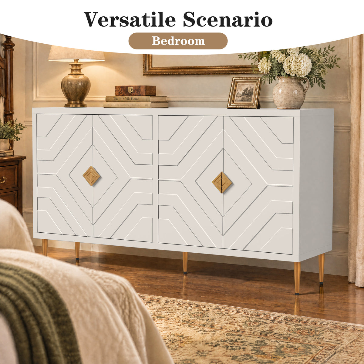 HLR 58" Modern Accent Sideboard Cabinet, 4 Doors, Adjustable Shelves, Fluted Storage Cabinet, White
