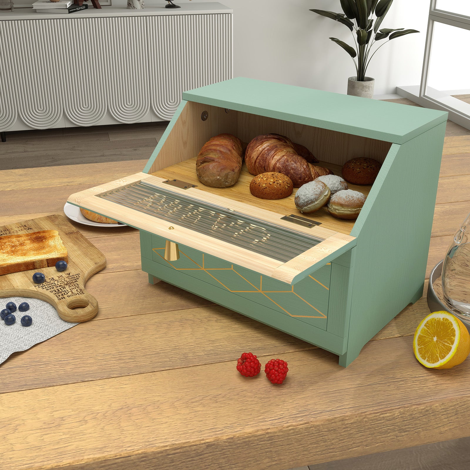 CBJCBJ 15.1" Gold-Trimmed Wooden Bread Box, Double Layer Kitchen Counter Organizer, Vintage Farmhouse Storage