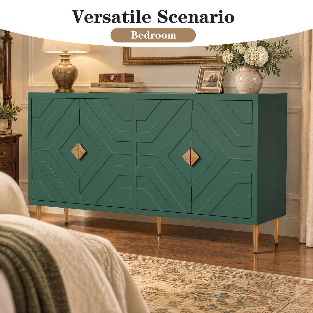 HLR 58" Modern Accent Sideboard Cabinet, 4 Doors, Adjustable Shelves, Fluted Storage Cabinet, Green