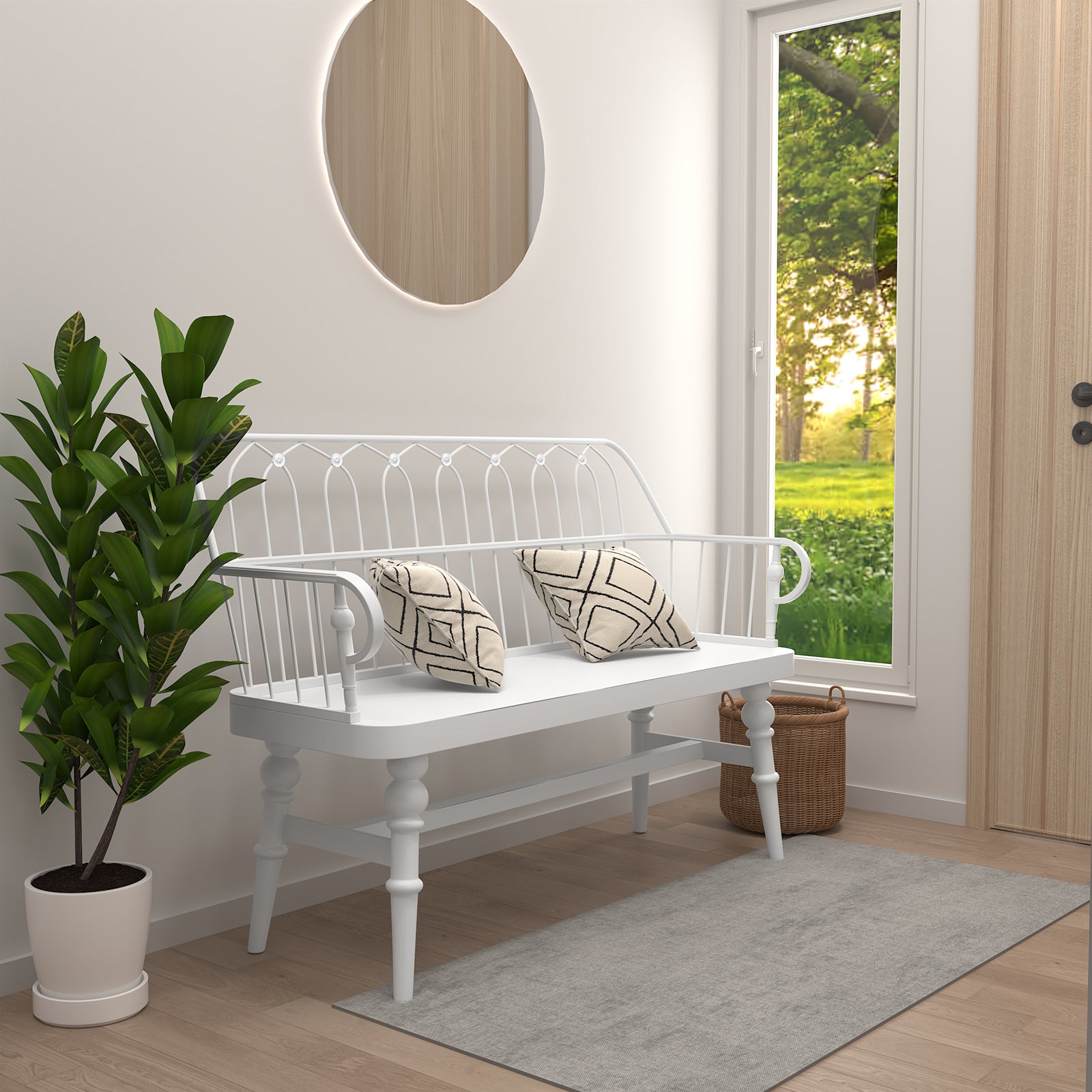 HLR Farmhouse Entryway Bench, Spindle Back Support Wood Dining Benches for Living Room, Mudroom, White