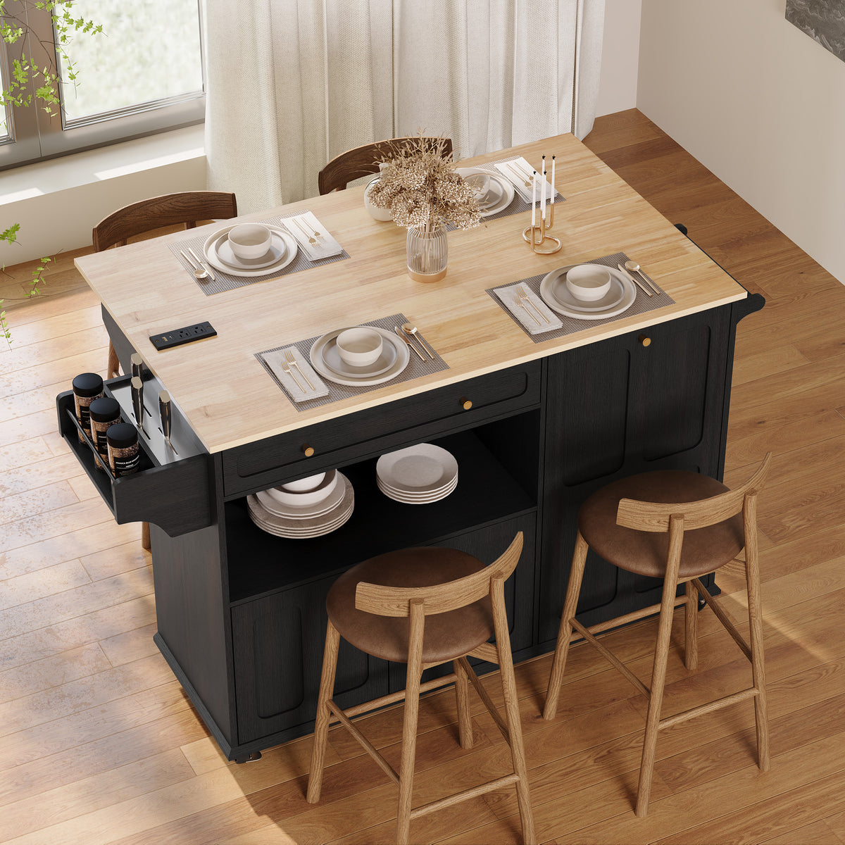 HLR Mid-Century 60" Kitchen Island with Trash Can Storage, Rolling Island Table, Black