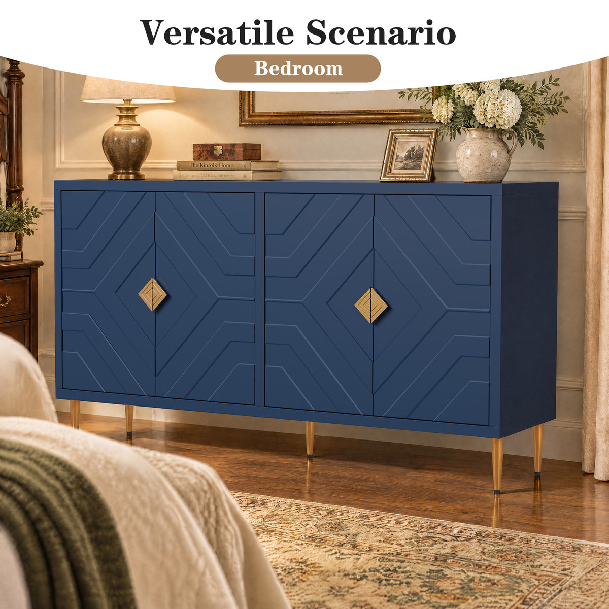 HLR 58" Modern Accent Sideboard Cabinet, 4 Doors, Adjustable Shelves, Fluted Storage Cabinet, Blue