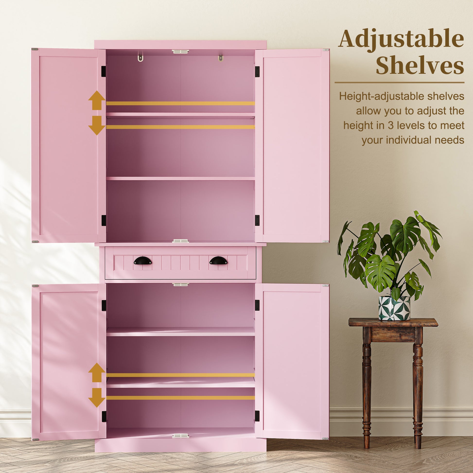 72" Tall Kitchen Pantry Cabinet with Drawer & Adjustable Shelves, Freestanding Storage Cabinet, Pink