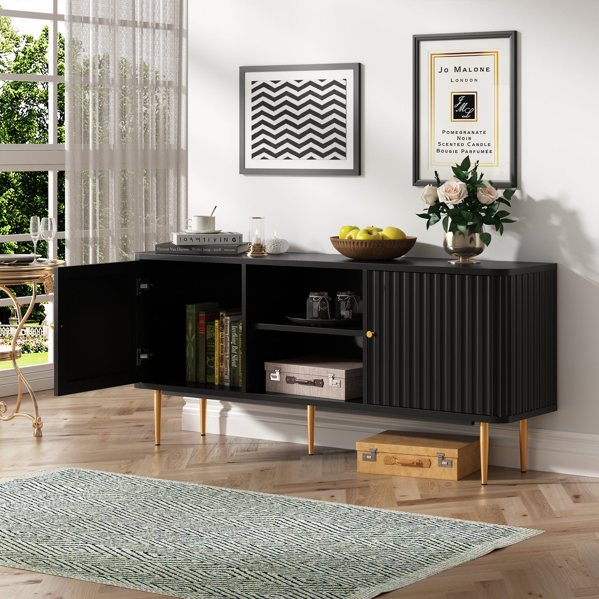 HLR Modern Fluted 55" TV Stand for 65 Inch TV with Storage, Entertainment Center for Living Room, Black