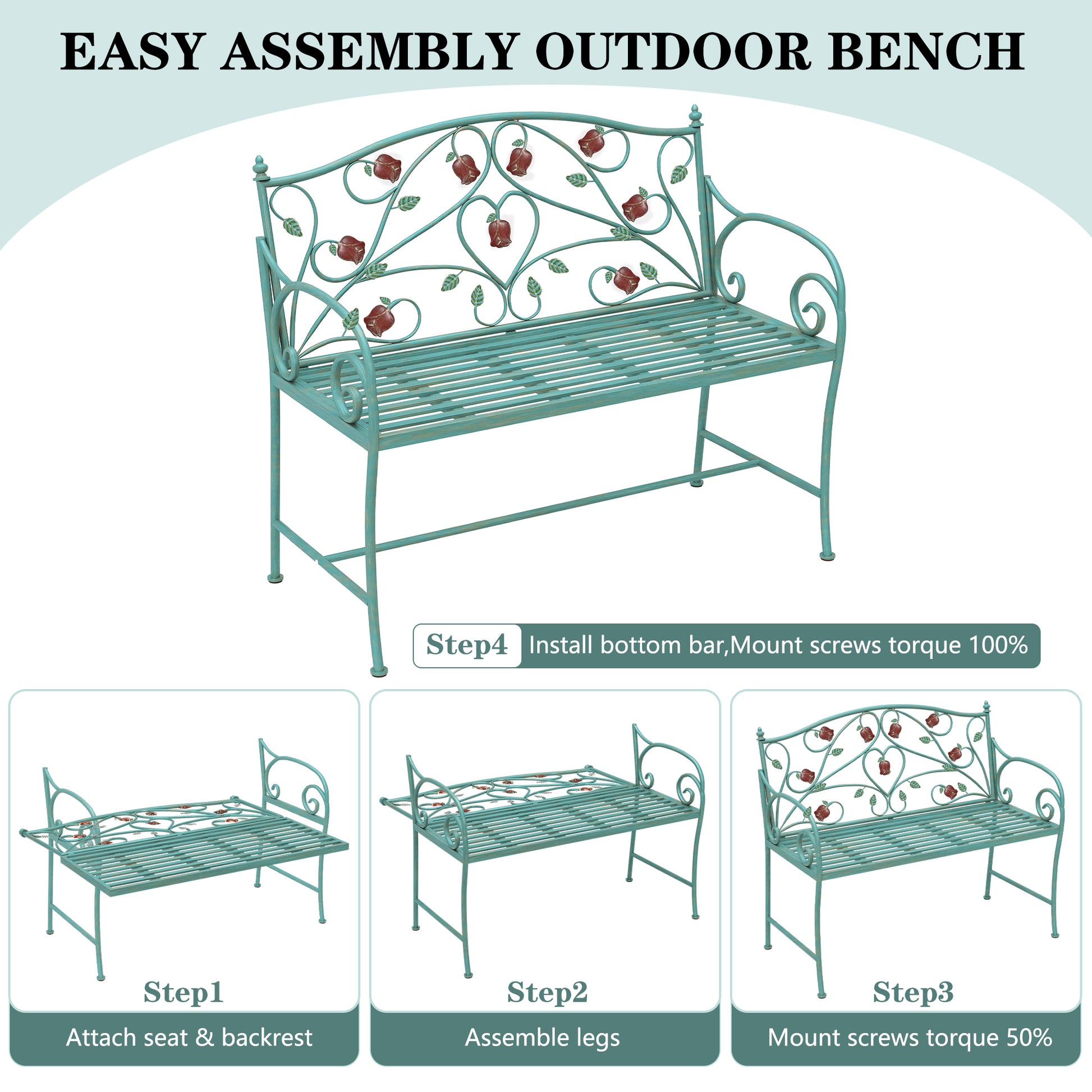 CBJCBJ 42" Waterproof Outdoor Bench ,Indoor Entryway Stools with Metal Rose Design, for Gardens/ Lawns,Blue