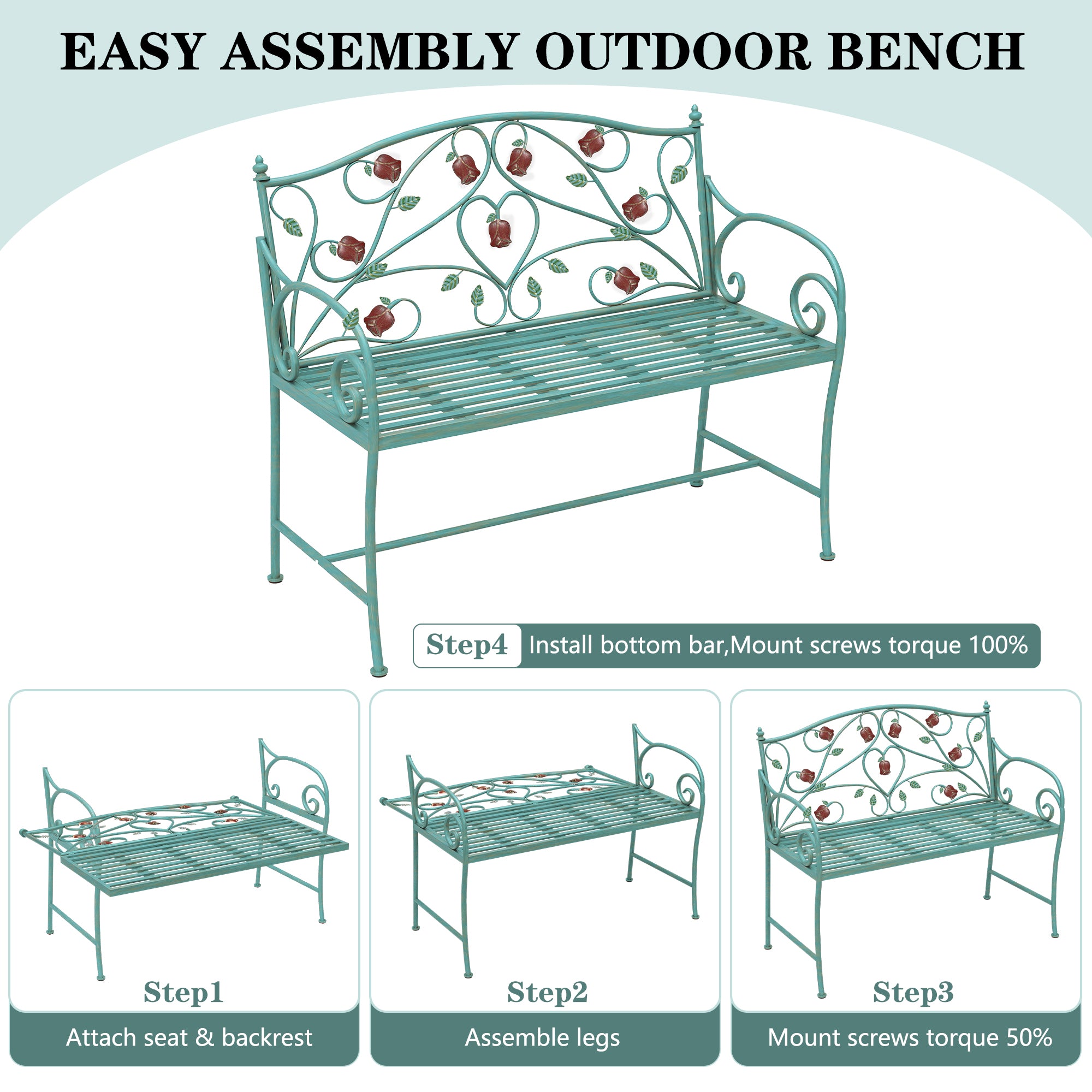 CBJCBJ 42" Waterproof Outdoor Bench ,Indoor Entryway Stools with Metal Rose Design, for Gardens/ Lawns,Blue