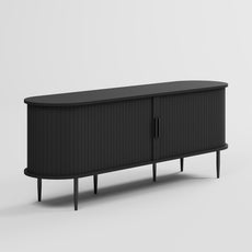 HLR 55" Black TV Stand for 65" TV, Wood Entertainment Center with 2 Sliding Tambour Doors Storage, Mid-Century