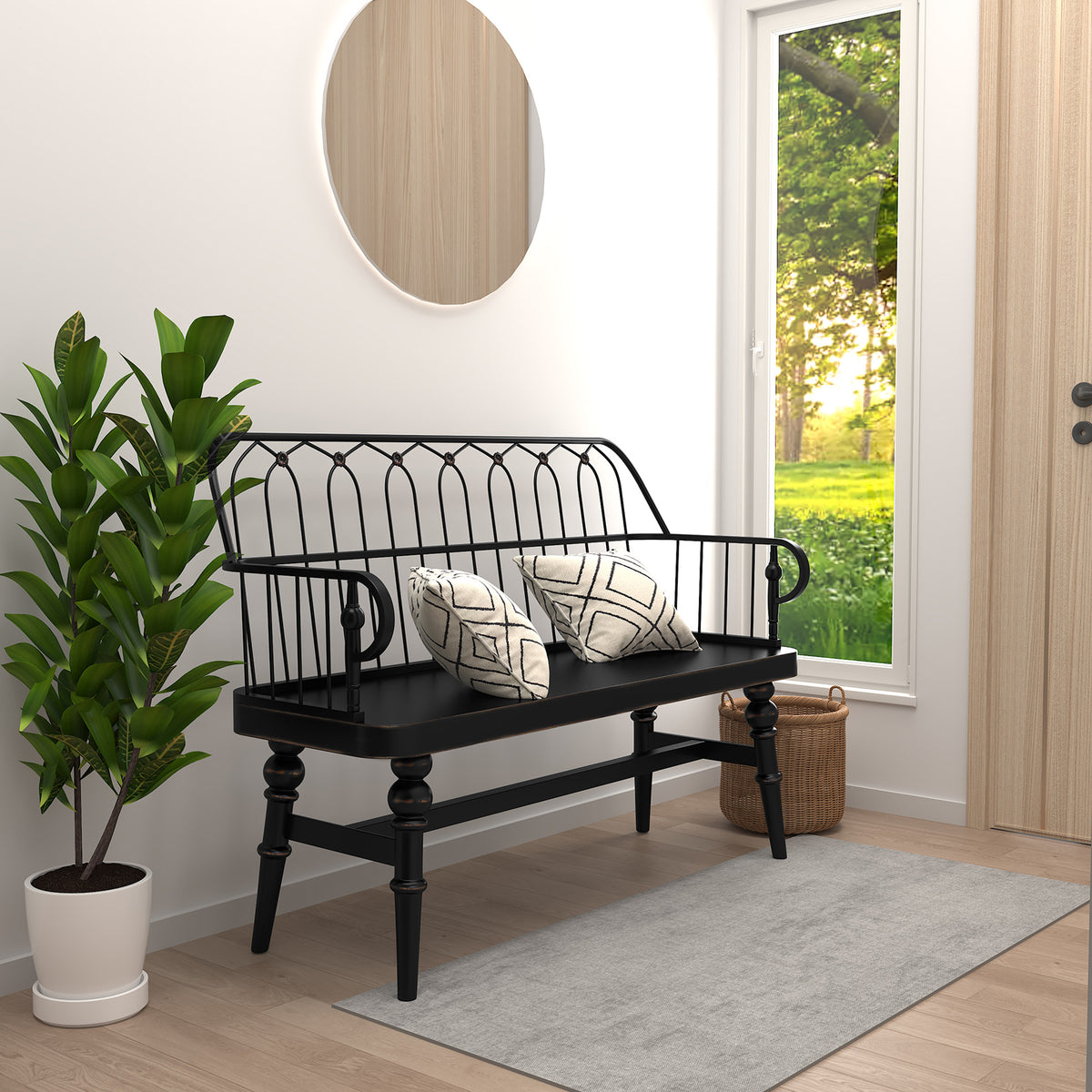 HLR Farmhouse Entryway Bench, Spindle Back Support Wood Dining Benches for Living Room, Mudroom, Black