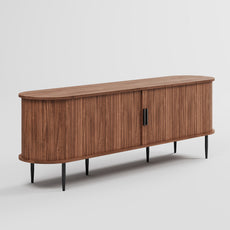 HLR 63" Brown TV Stand for 75" TV, Wood Entertainment Center with 2 Sliding Tambour Doors Storage, Mid-Century