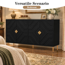 HLR 58" Modern Accent Sideboard Cabinet, 4 Doors, Adjustable Shelves, Fluted Storage Cabinet, Black