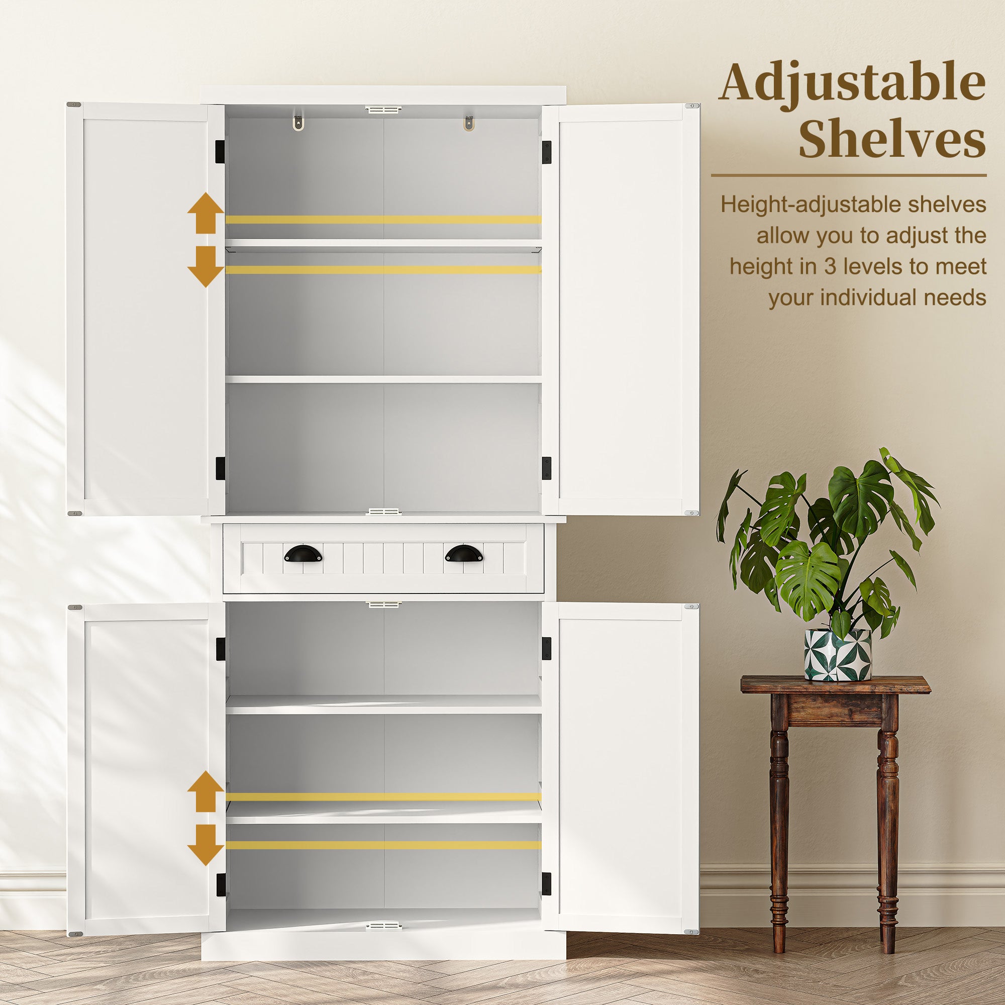 HLR 72" Tall Kitchen Pantry Cabinet with Drawer & Adjustable Shelves, Freestanding Storage Cabinet, White
