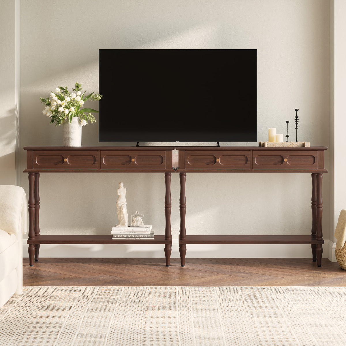 HLR 41" Mid Century Console Tables, Entryway Tables with 2 Drawers, 10 Mins Assembly, Brown