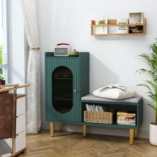 CBJCBJ Modern Storage Bench with Glass Door & Shelf - L-Shaped Entryway Cabinet, Padded Seat for Hallway/Bedroom/Office,Green