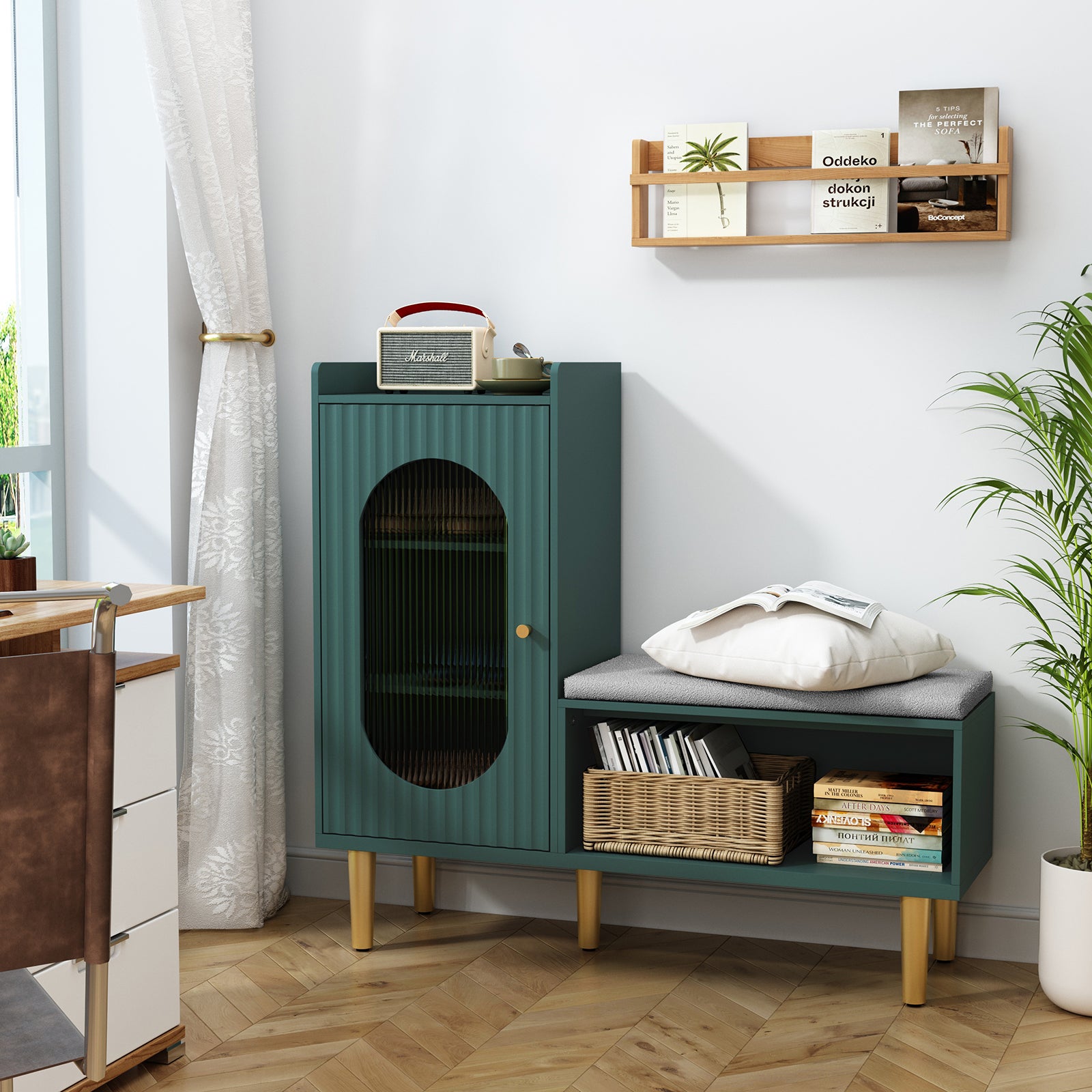 CBJCBJ Modern Storage Bench with Glass Door & Shelf - L-Shaped Entryway Cabinet, Padded Seat for Hallway/Bedroom/Office,Green