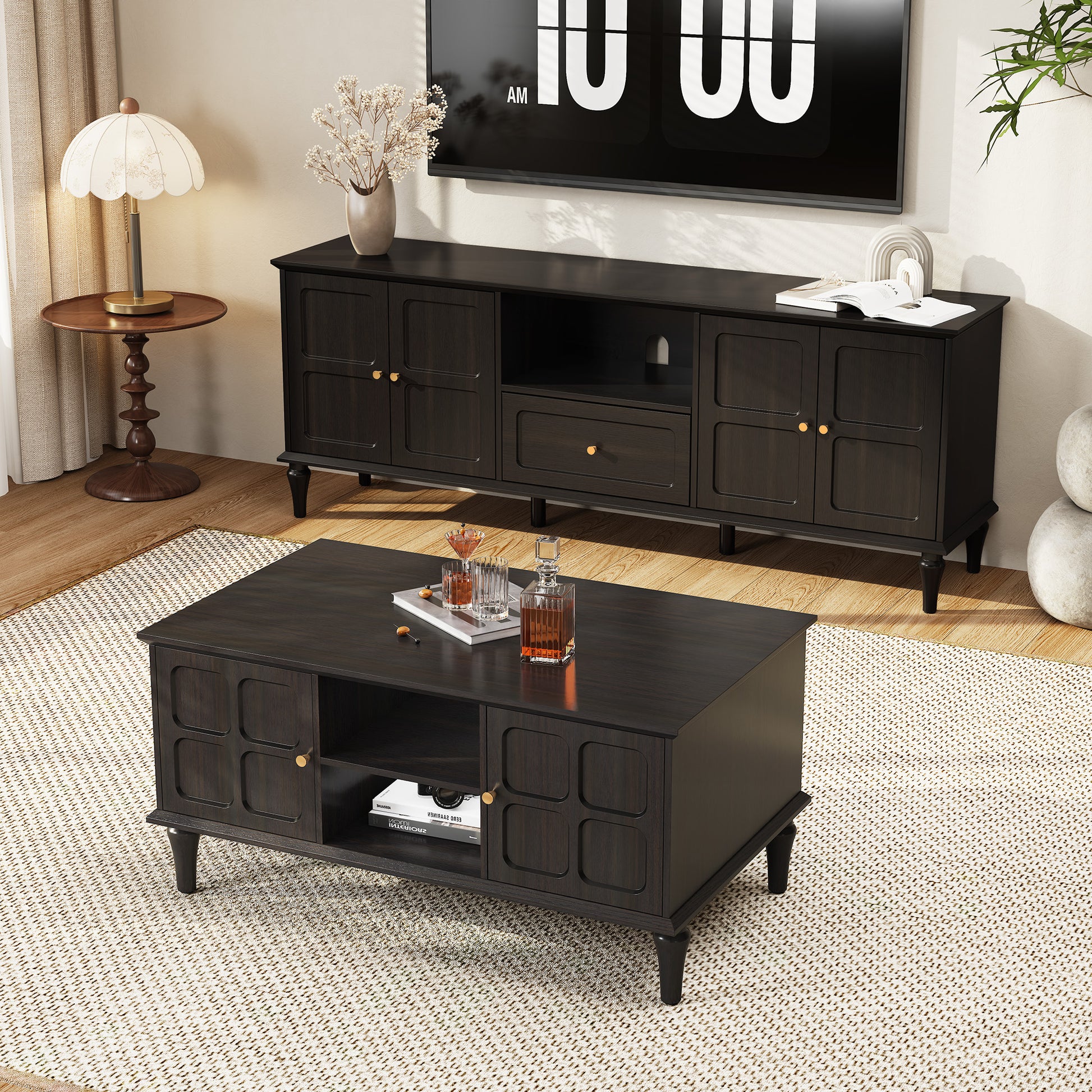 HLR 39.4" Mid Century Coffee Table with Storage, Wood Center Table with Open Shelves for Living Room, Black