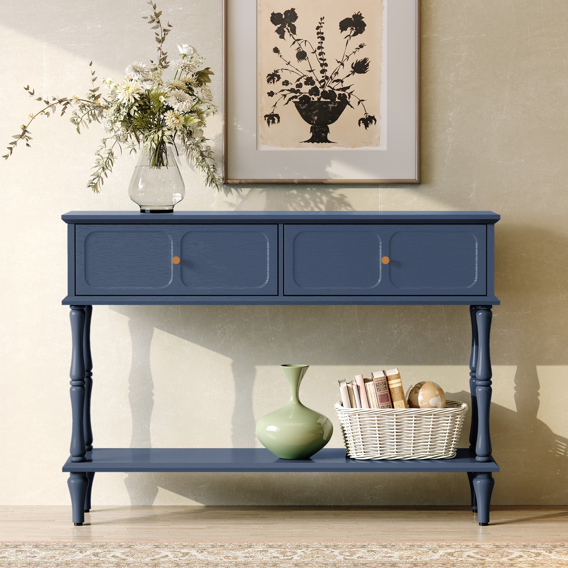 HLR 47" Mid Century Console Table, Aged Finish Entryway Table with Storage Shelf for Hallway, Blue