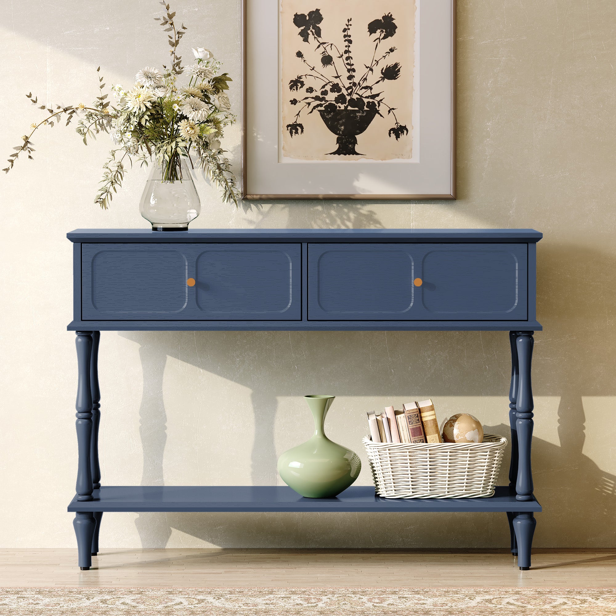 HLR 47" Mid Century Console Table, Aged Finish Entryway Table with Storage Shelf for Hallway, Blue