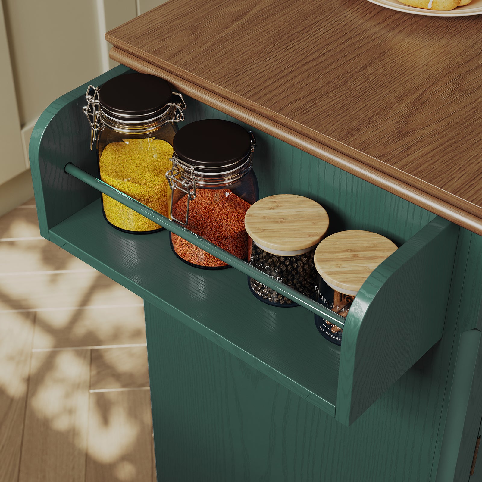 CBJCBJ Kitchen Islands Cart on Wheels with Storage, Wood Microwave Table with Drawers and Spice Box , for Dining Room,Green