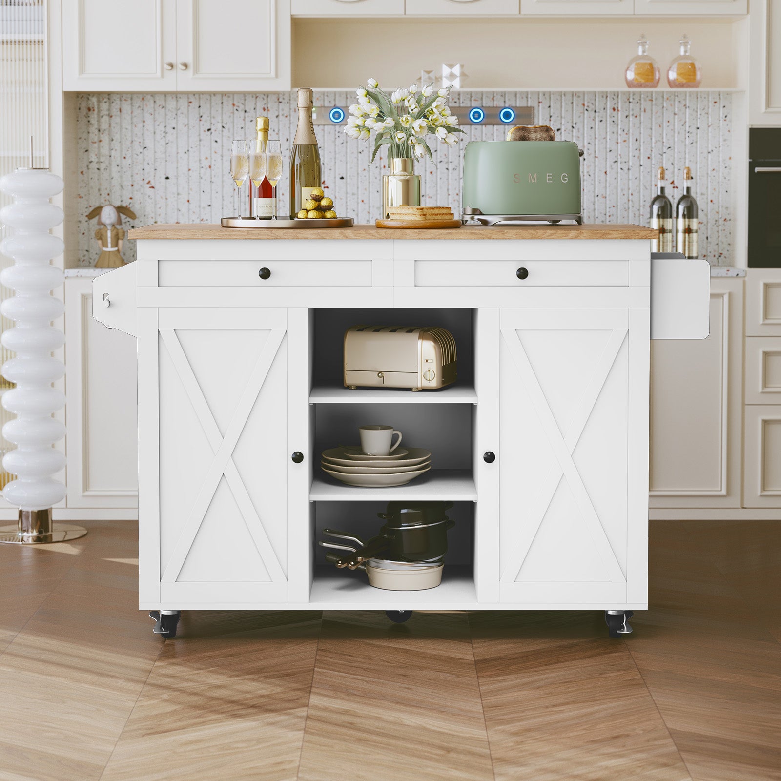CBJCBJ 51.7" Rolling Kitchen Island Foldable, Adjustable Shelf & 2 Storage Doors - Mobile Kitchen Cart, Breakfast Bar with Storage (White)