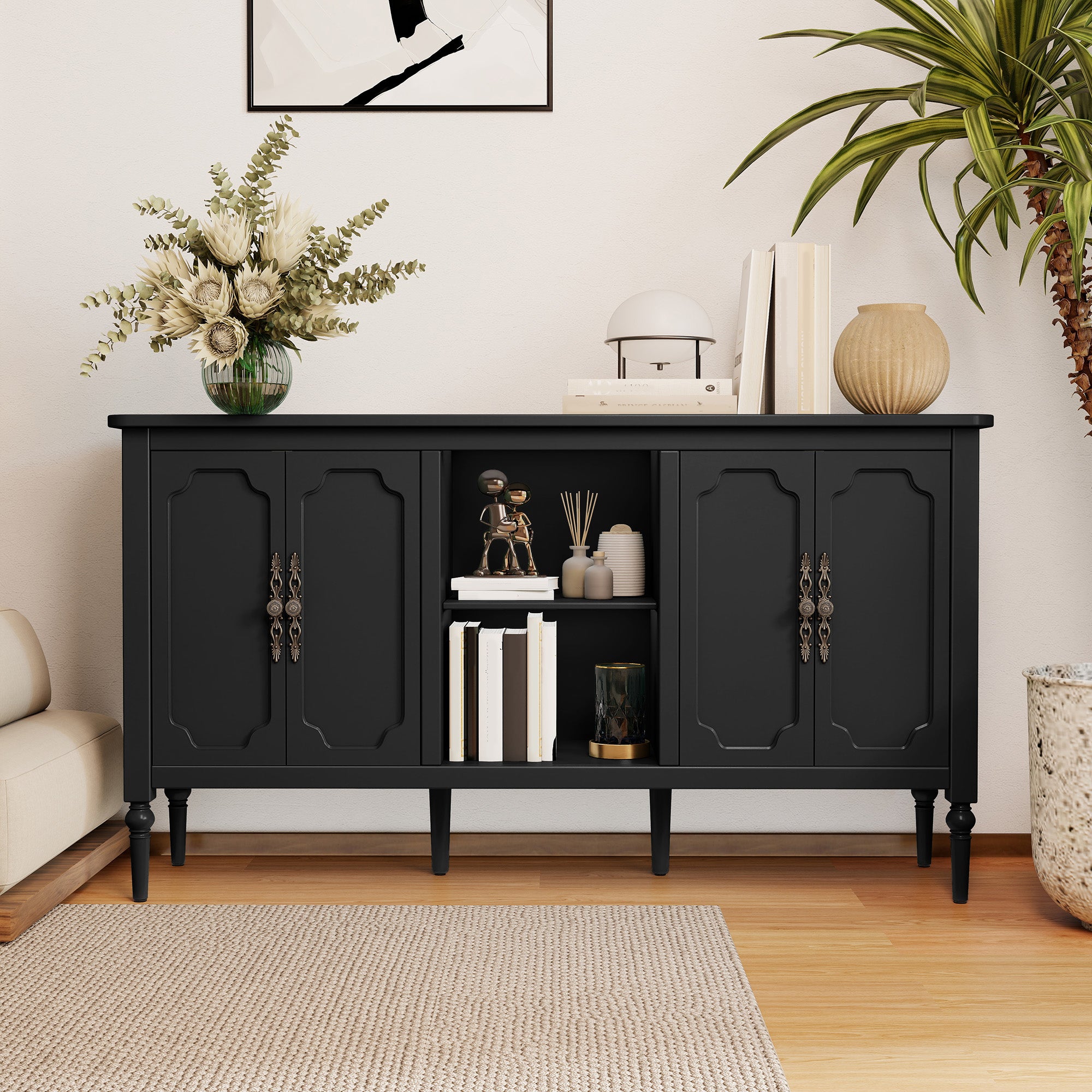 HLR 59" Mid Century Modern Storage Cabinet with Shelf, Vintage Large Sideboard Buffet Cabinet with 4 Doors, Black