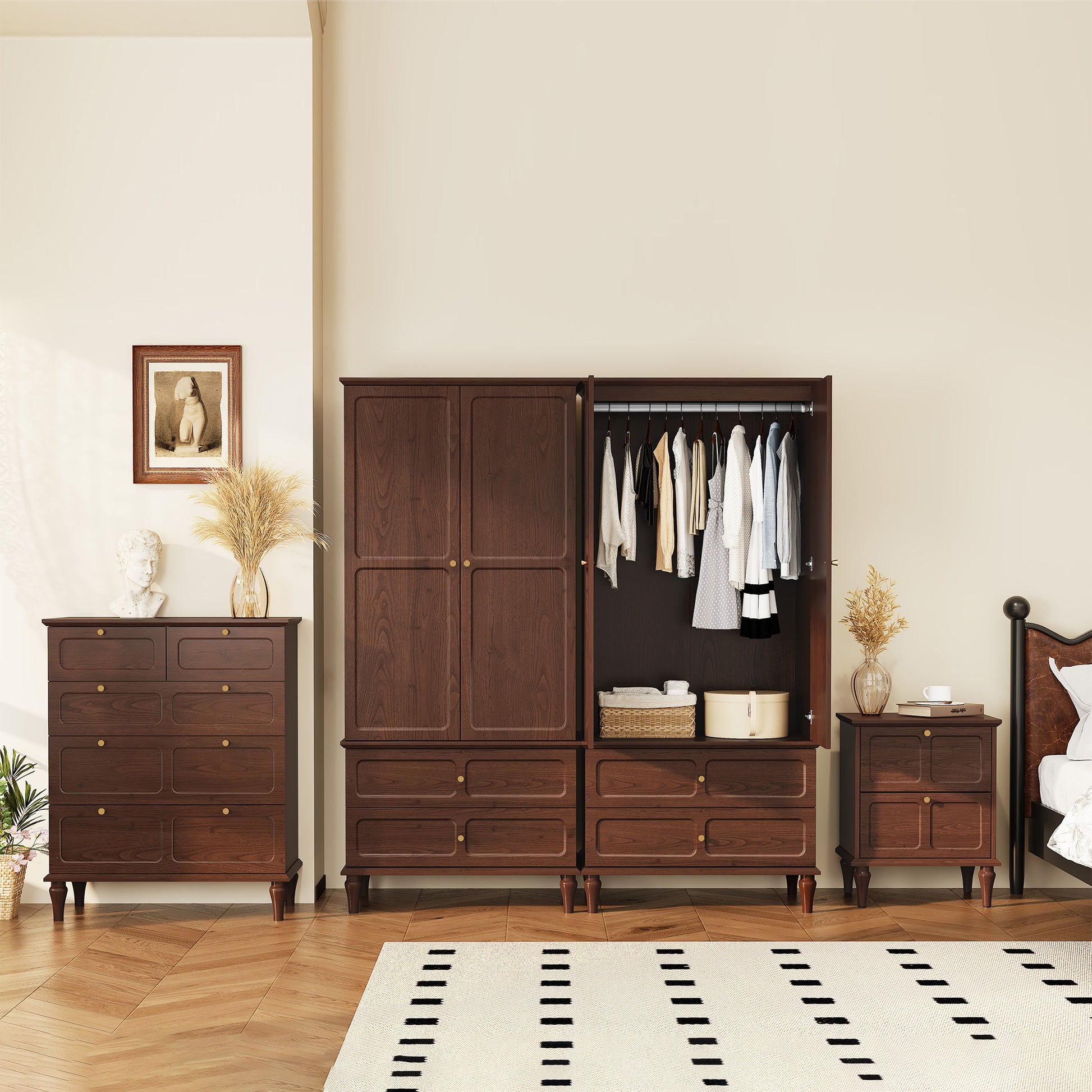 CBJCBJ 70"Mid-Century Wood Armoires Wardrobe Closet, Bedroom Clothing Storage Cabinet with Hanging Rail, Brown
