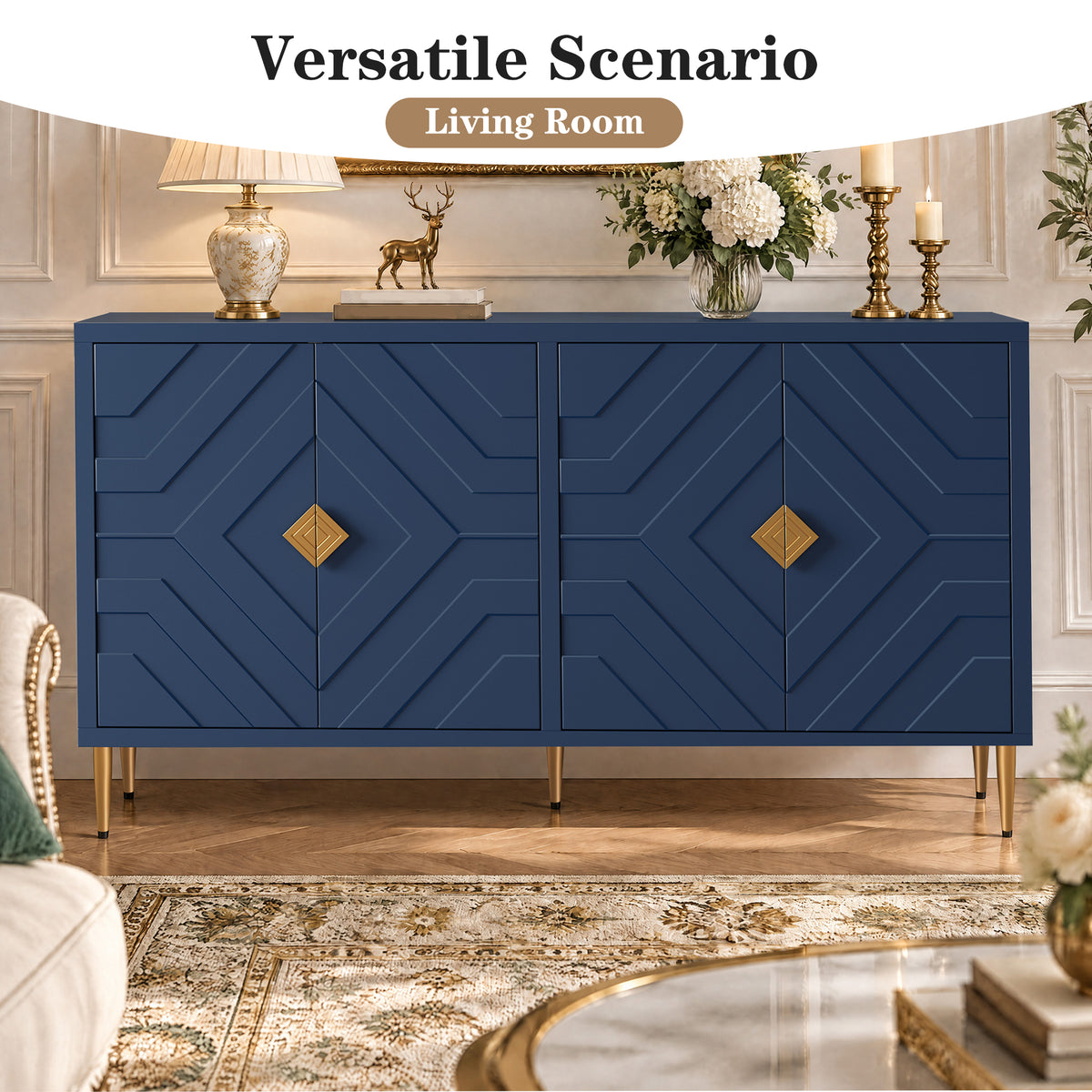 HLR 58" Modern Accent Sideboard Cabinet, 4 Doors, Adjustable Shelves, Fluted Storage Cabinet, Blue
