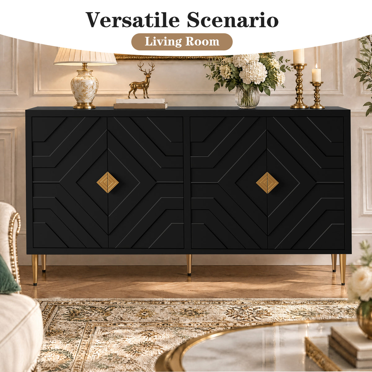 HLR 58" Modern Accent Sideboard Cabinet, 4 Doors, Adjustable Shelves, Fluted Storage Cabinet, Black