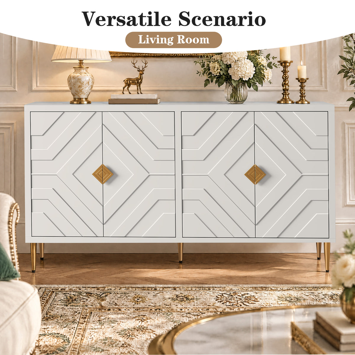 HLR 58" Modern Accent Sideboard Cabinet, 4 Doors, Adjustable Shelves, Fluted Storage Cabinet, White