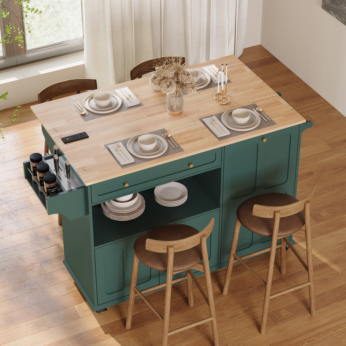 HLR Mid-Century 60" Kitchen Island with Trash Can Storage, Rolling Island Table, Green