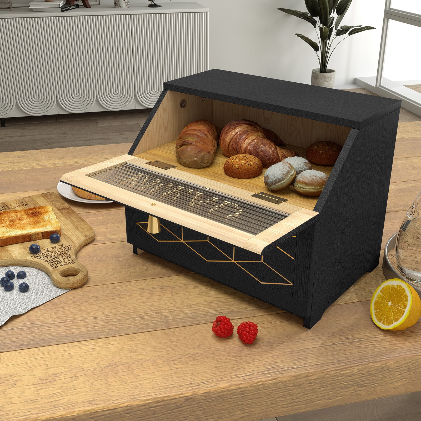 CBJCBJ 15.1" Gold-Trimmed Wooden Bread Box, Double Layer Kitchen Counter Organizer, Vintage Farmhouse Storage