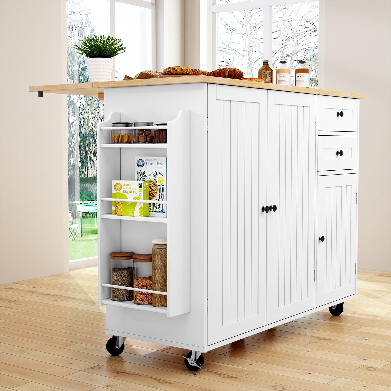 CBJCBJ 50.4" Kitchen Island with Storage, Wood Top Cart with Drop Leaf and Wheels, White
