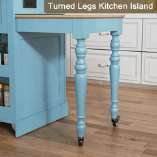 CBJCBJ Modern Extendable Kitchen Islands on Wheels with Power Outlet, Dining Table Cart with 4 Doors Storage, Blue