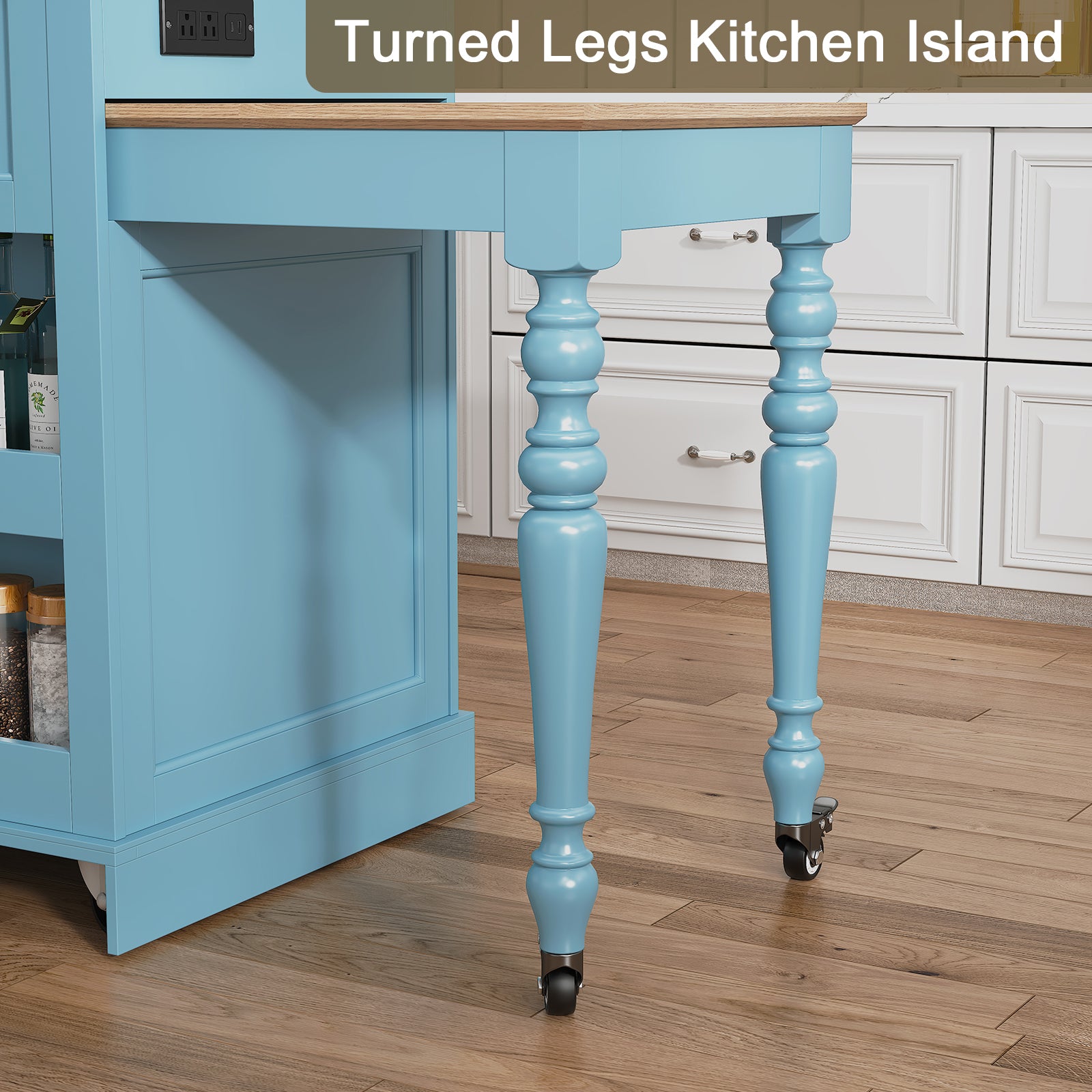 CBJCBJ Modern Extendable Kitchen Islands on Wheels with Power Outlet, Dining Table Cart with 4 Doors Storage, Blue