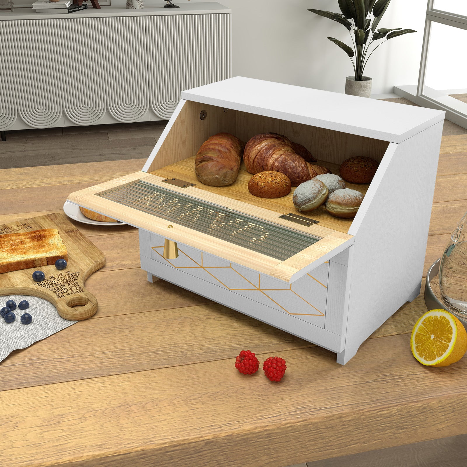 CBJCBJ 15.1" Gold-Trimmed Wooden Bread Box, Double Layer Kitchen Counter Organizer, Vintage Farmhouse Storage
