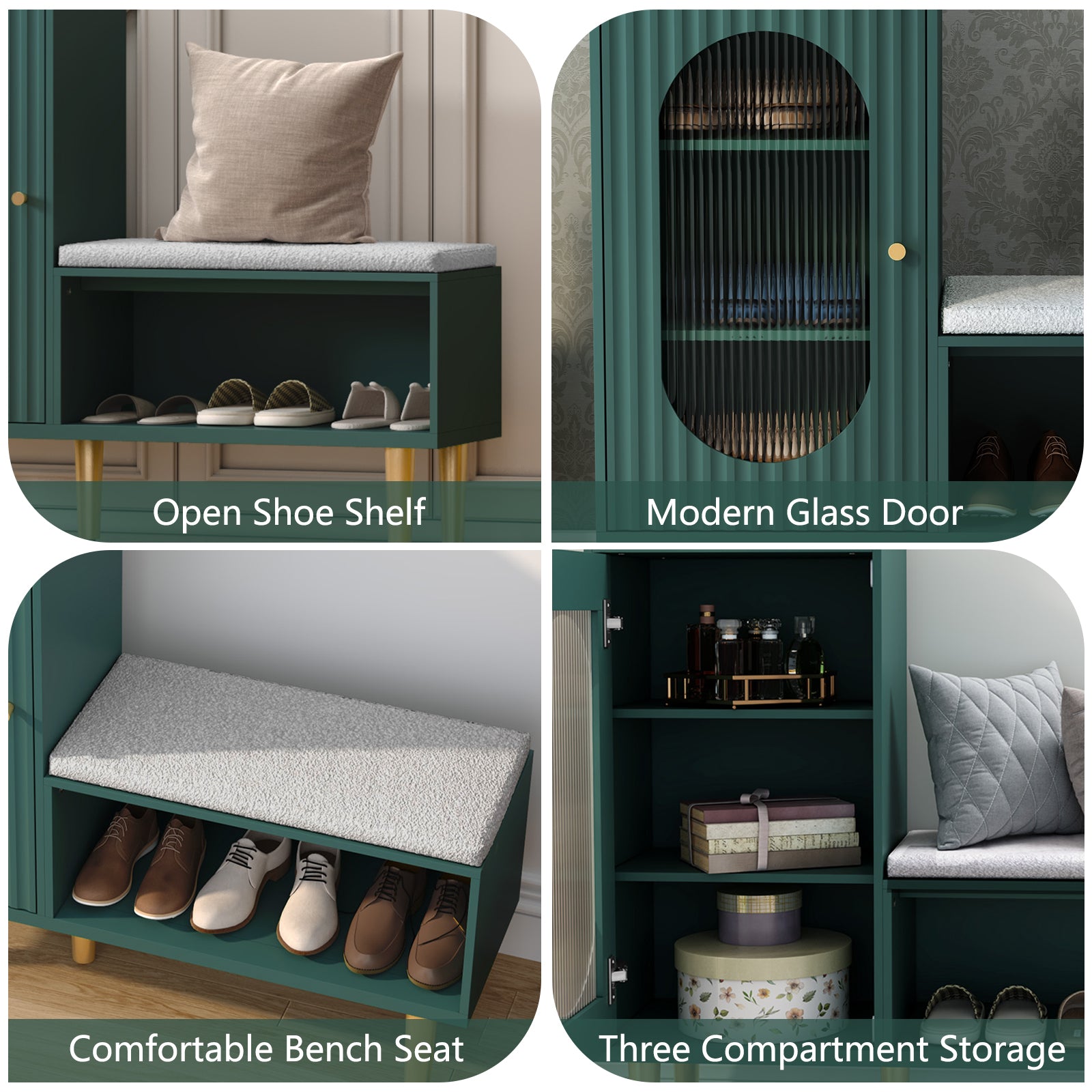 CBJCBJ Modern Storage Bench with Glass Door & Shelf - L-Shaped Entryway Cabinet, Padded Seat for Hallway/Bedroom/Office